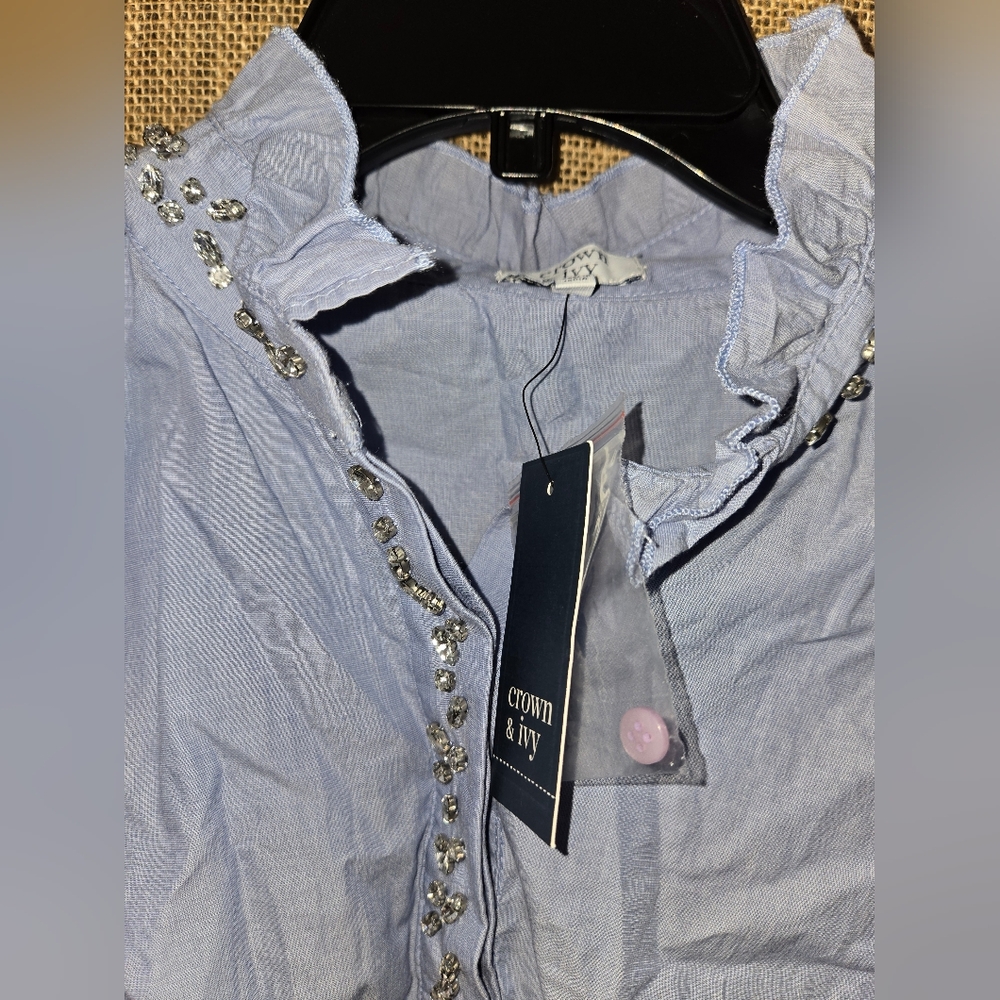 NWT Women's Crown & Ivy Light Blue Ruffled Long Sleeve Blouse Rhinestones Size M - Picture 9 of 12